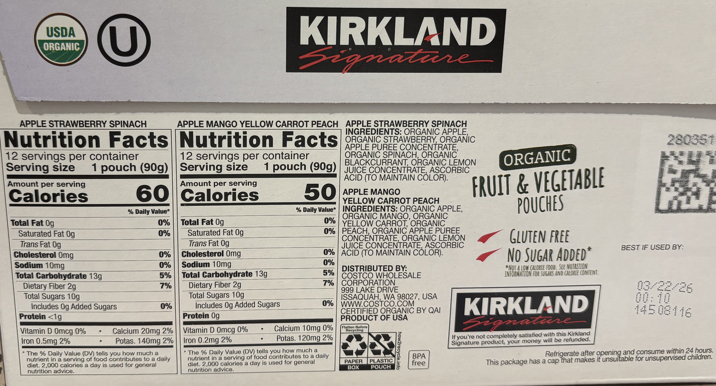 Kirkland Signature オーガニック フルーツ&ベジタブル ソース パウチパック 24-ct