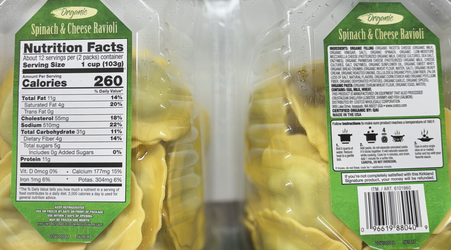 Kirkland Signature オーガニック スピナッチ&チーズ ラビオリ
