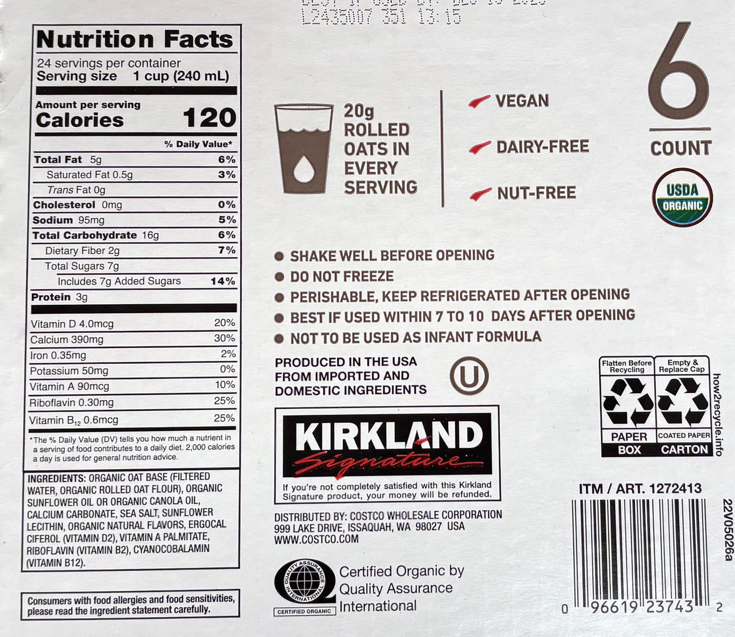 KAMCO Organic Oat Beverage (6 x 946-ml) Unsweetened
