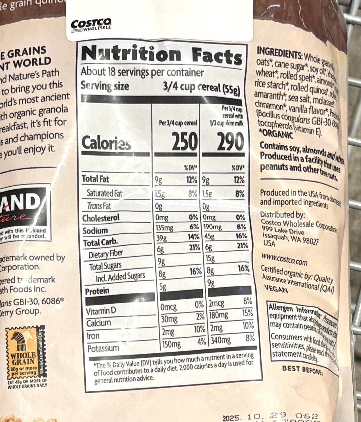 Kirkland Signature 有機オーガニック プロバイオテック グラノーラ Grains 1-kg