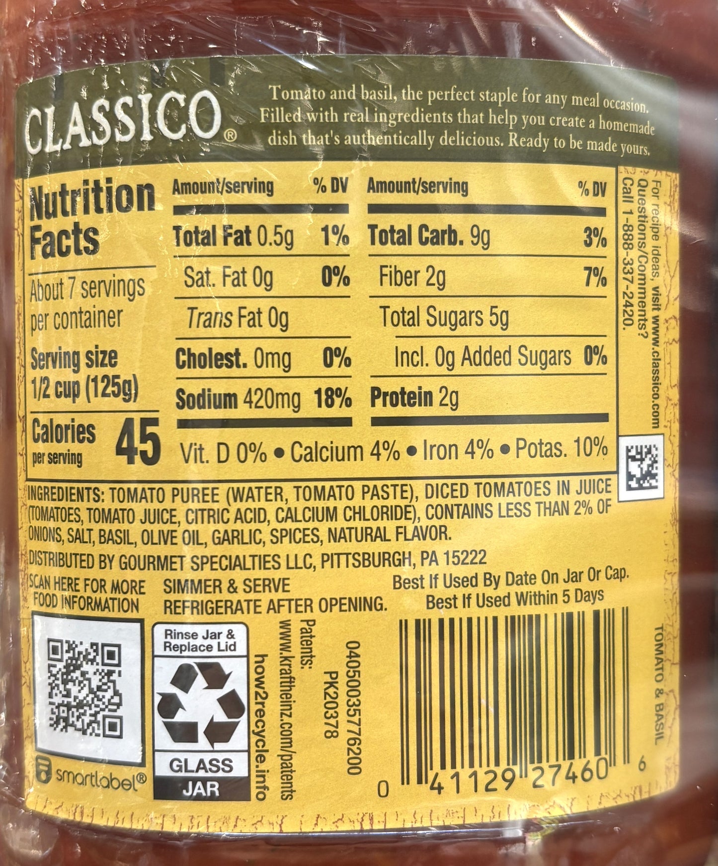Classico Tomato & Basil Pasta Sauce (3 glass jars)