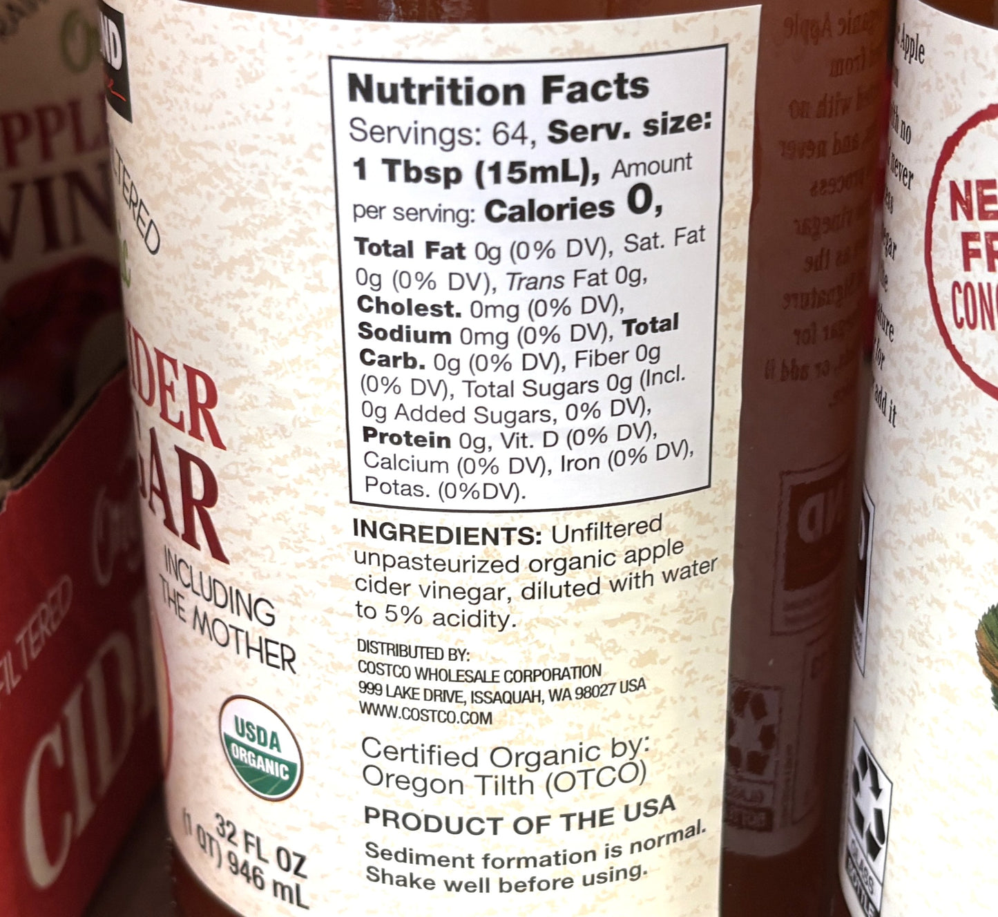 Kirkland Signature Organic Apple Cider Vinegar (946-ml x 3-ct)