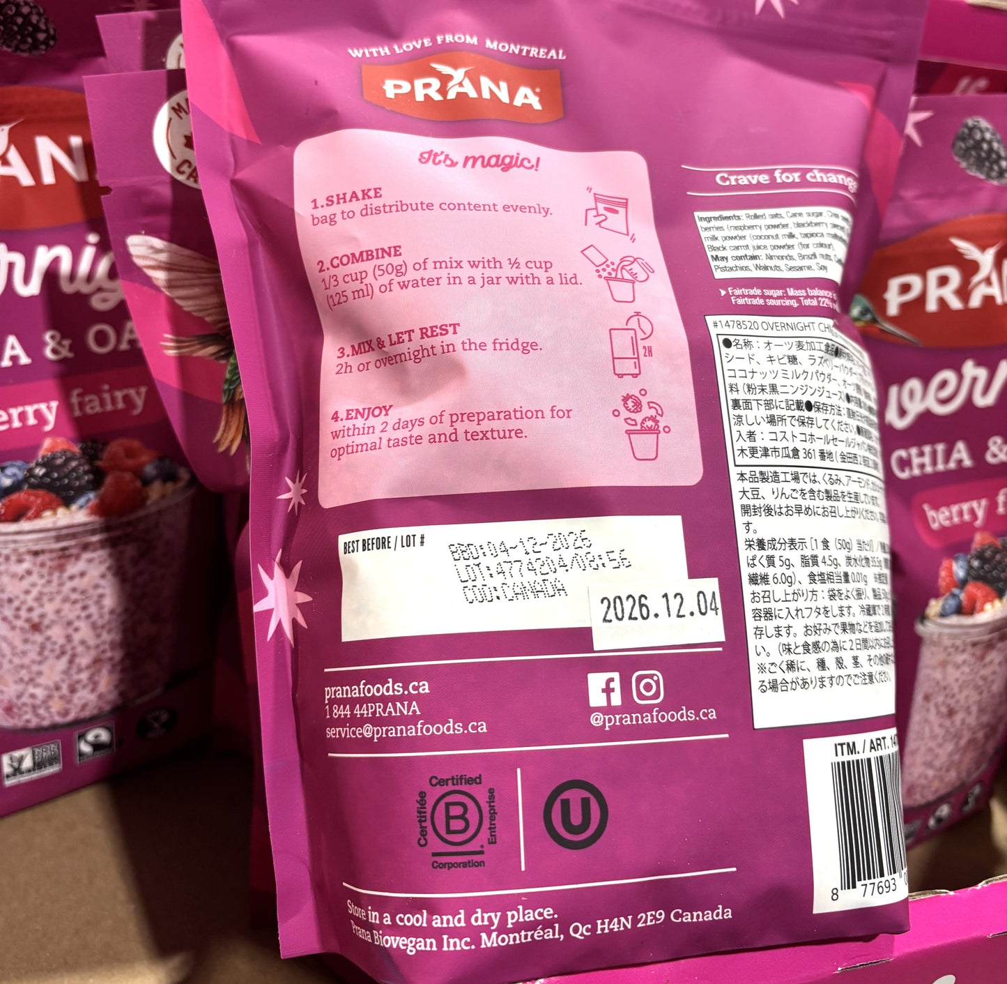 Prana Organic Overnight Chia & Oat - Berry Fairy (800g)