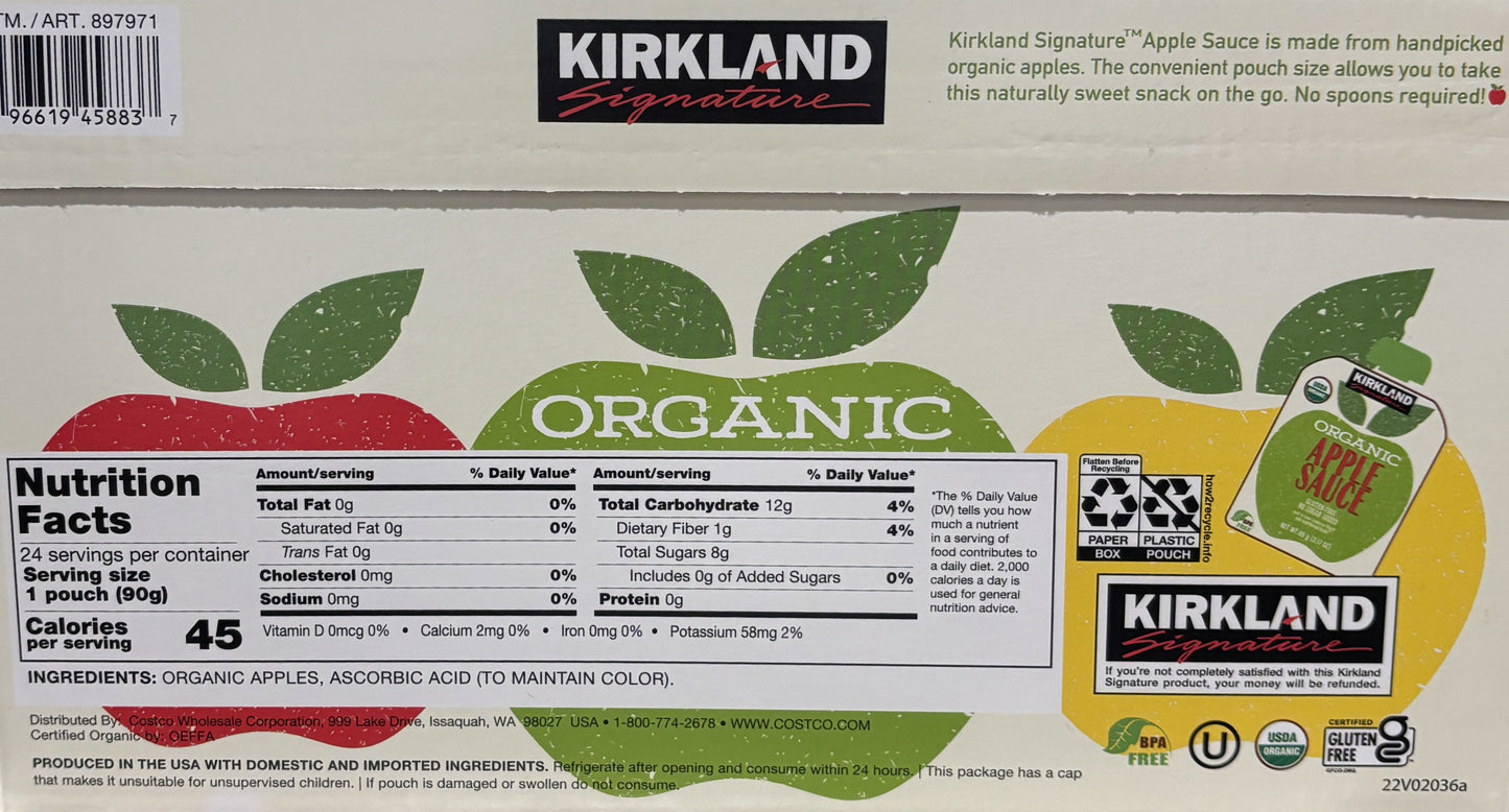 Kirkland Signature Organic Apple Sauce Pouch Pack 90-g x 24-ct