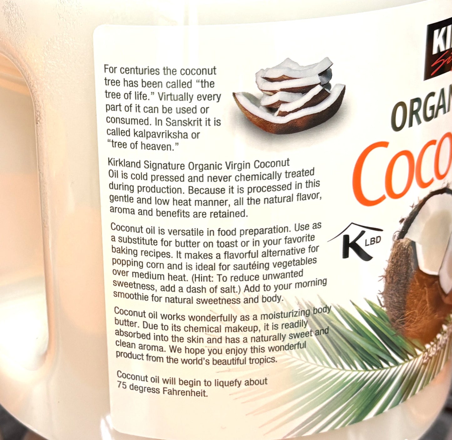 Kirkland Signature Organic Virgin Coconut Oil Cold Pressed Unrefined 2.48-L