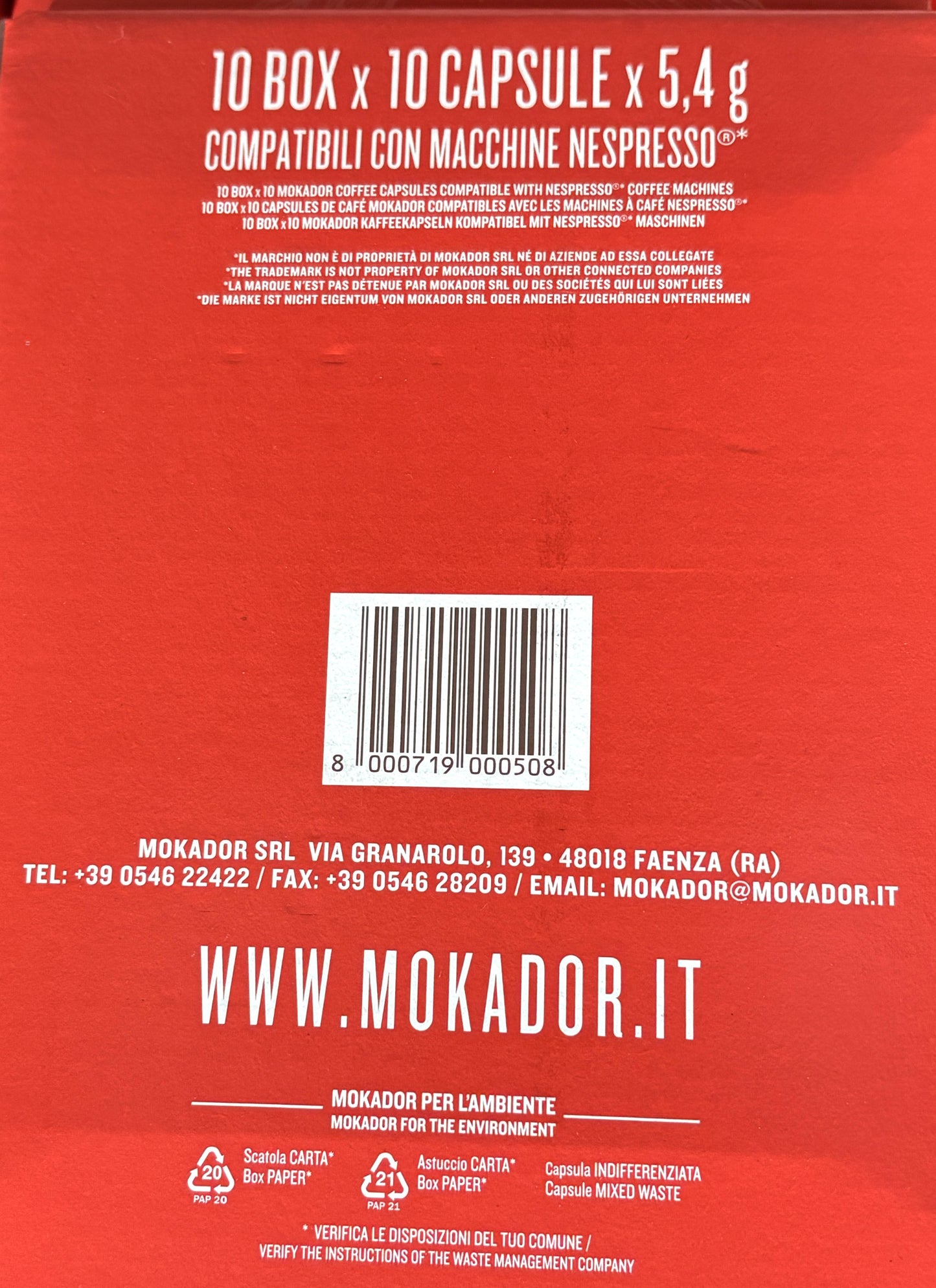 MOKADOR ネスプレッソ互換カプセル 100カプセル